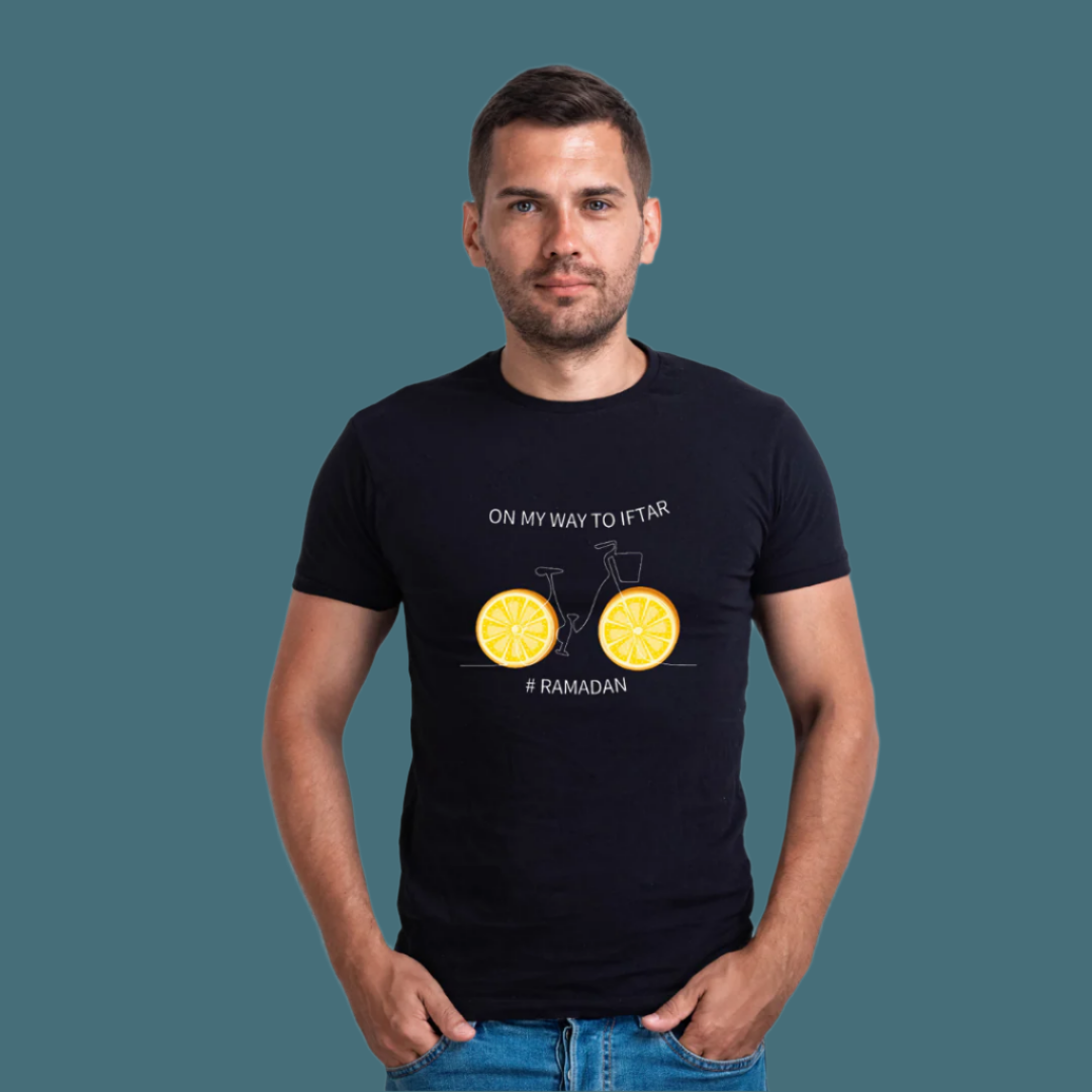 Ramadan T-Shirt, On My Way to Iftar Design with Orange Wheels, Black